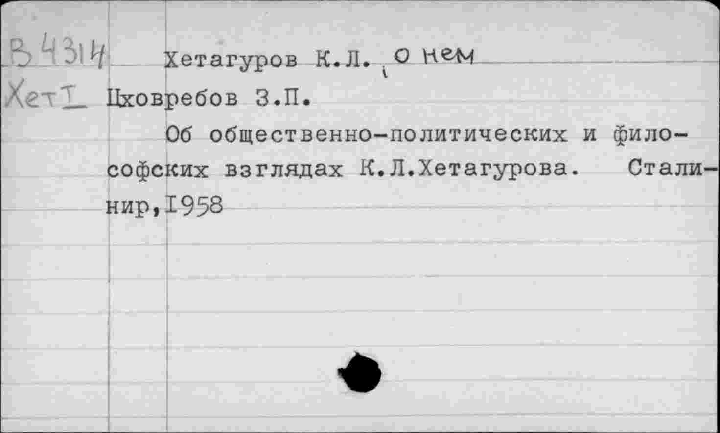 ﻿Хетагуров К.Л. .О — Хет1_ Цховребов З.П.
Об общественно-политических и философских взглядах К.Л.Хетагурова. Стали нир,1958